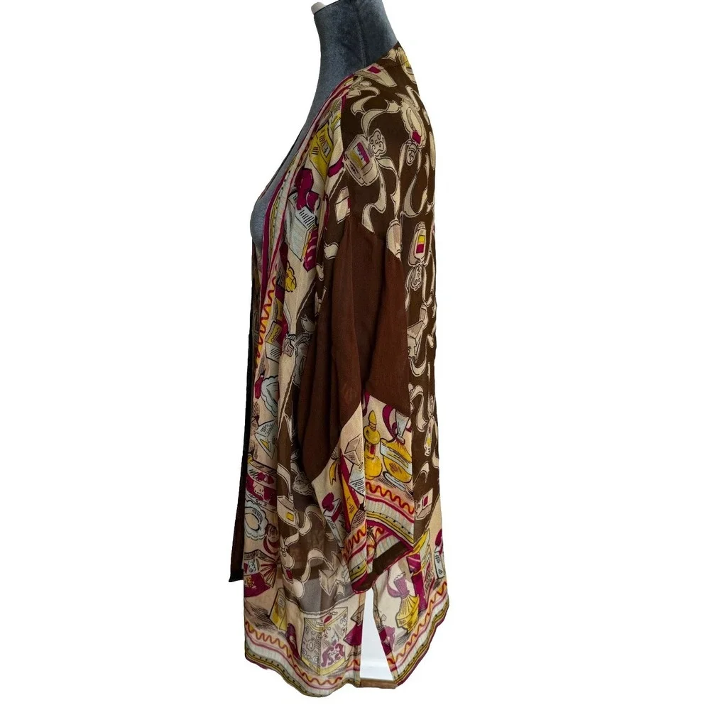 Vtg Sheer Kimono‎ Cardigan Perfume Print Boho Chic Open Front Duster Topper Glam